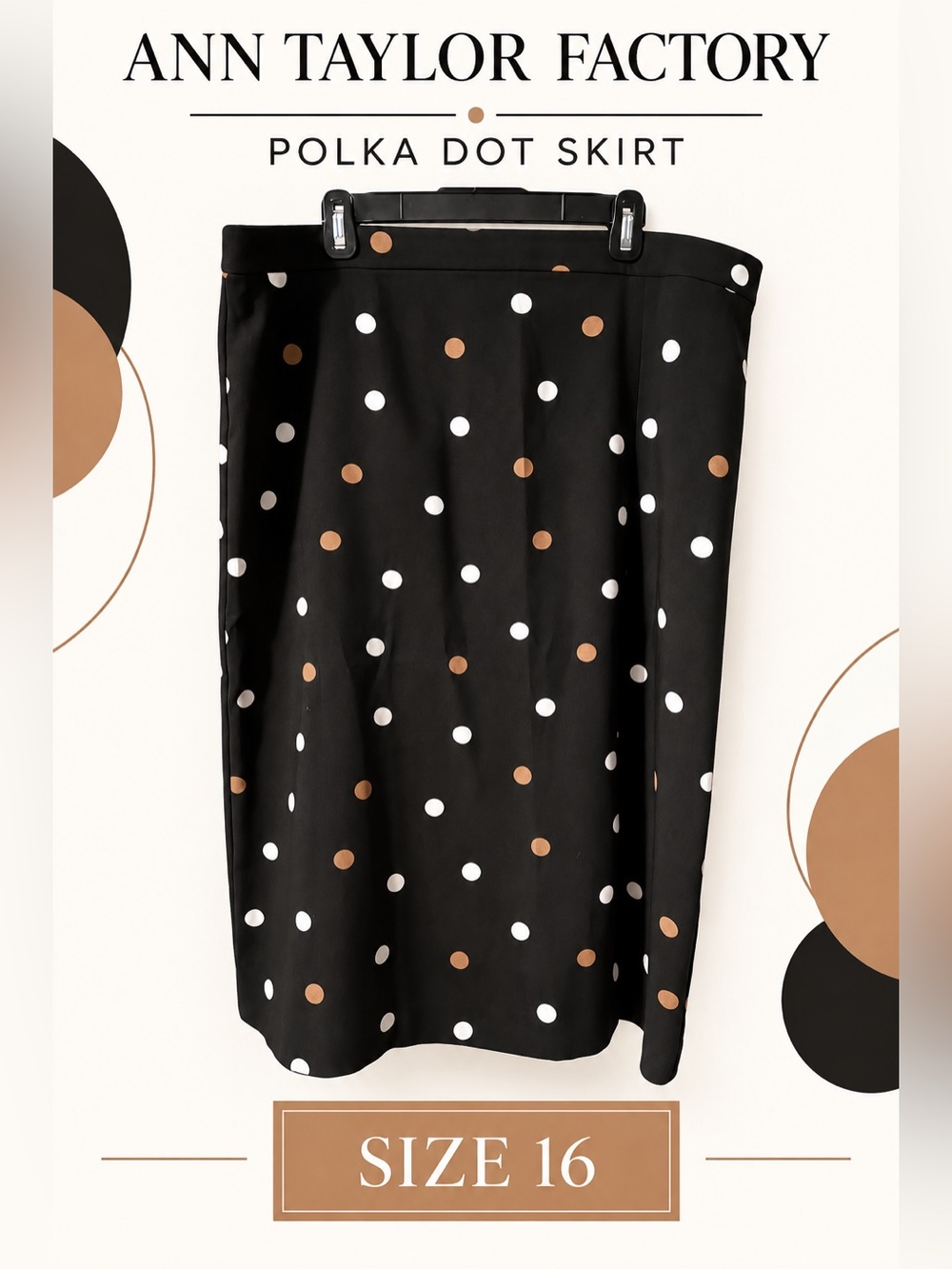 Ann Taylor Factory Black Midi Skirt with White & Tan Polka Dots